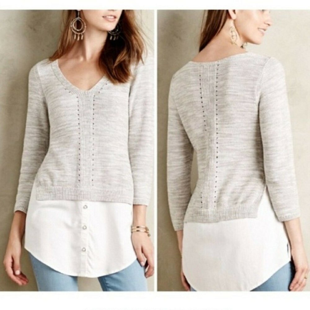 Anthropologie Moth Layered Aselin Pullover 3/4 Sleeve‎ Knit Grey Sweater X-Small